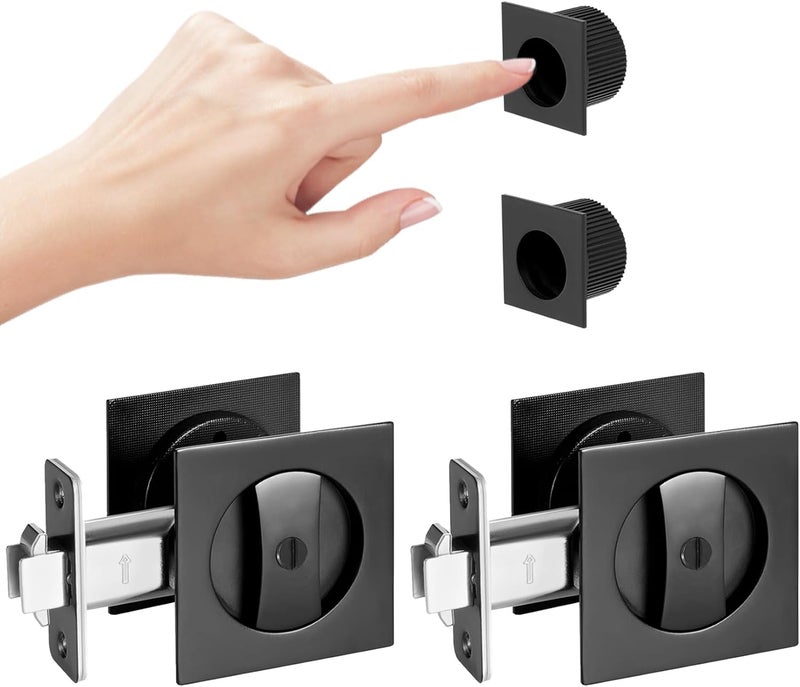 Aesytava Black Pocket Door Hardware, 2 3/8" Backset, Matte Black Pocket Door Lock for Bathroom, Heavy Duty Solid Square Pocket Door Hardware(2 Pack) - Image 1